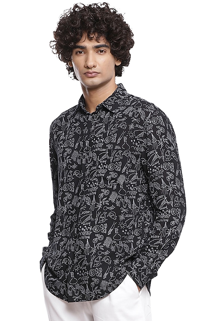 Black Block Printed Party Wear Shirt by Abraham & Thakore Men at Pernia's Pop Up Shop
