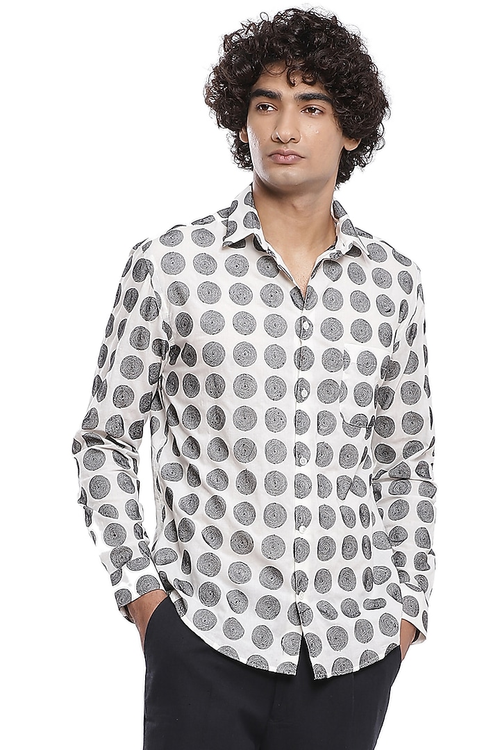 Ivory Hand Block Printed Party Wear Shirt by Abraham & Thakore Men at Pernia's Pop Up Shop