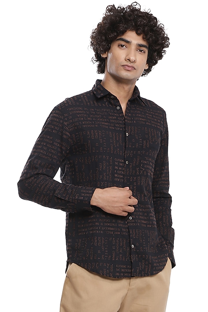 Black Typography Embroidered Party Wear Shirt by Abraham & Thakore Men at Pernia's Pop Up Shop