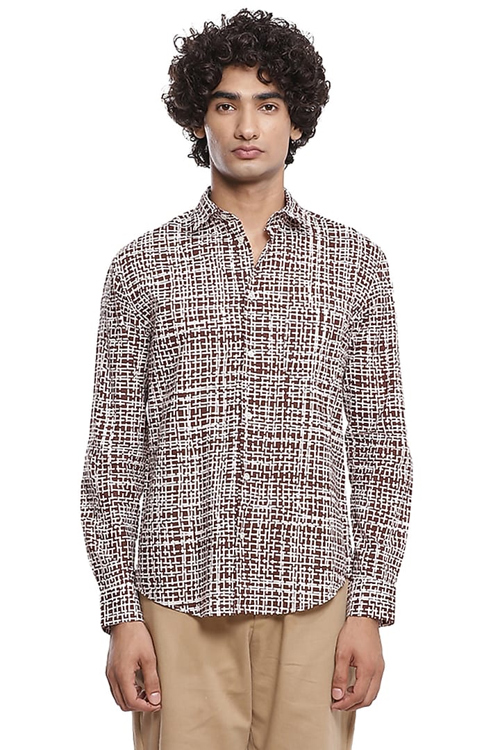 Brown Criss-Cross Printed Party Wear Shirt by Abraham & Thakore Men at Pernia's Pop Up Shop