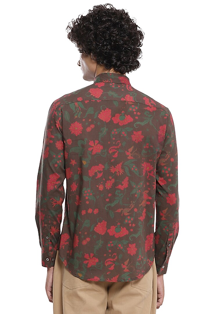Brown Floral Printed Party Wear Shirt by Abraham & Thakore Men at Pernia's Pop Up Shop