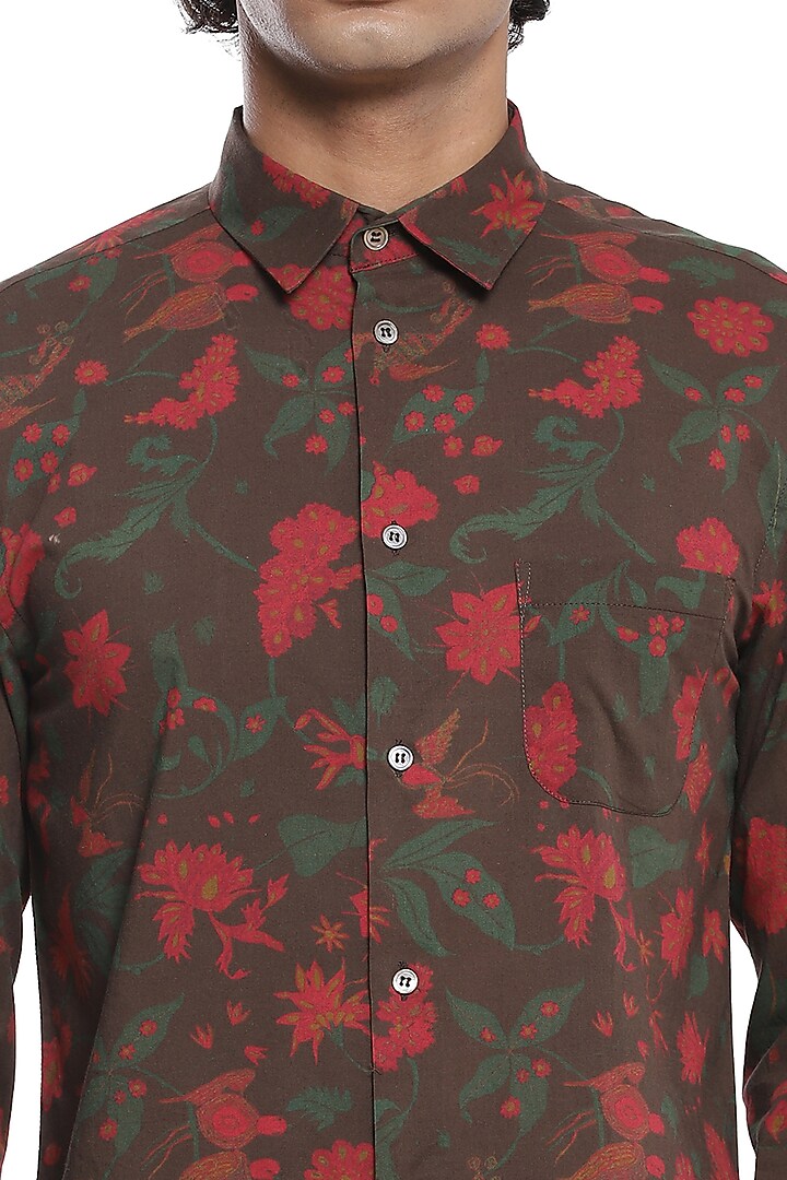 Brown Floral Printed Party Wear Shirt by Abraham & Thakore Men at Pernia's Pop Up Shop