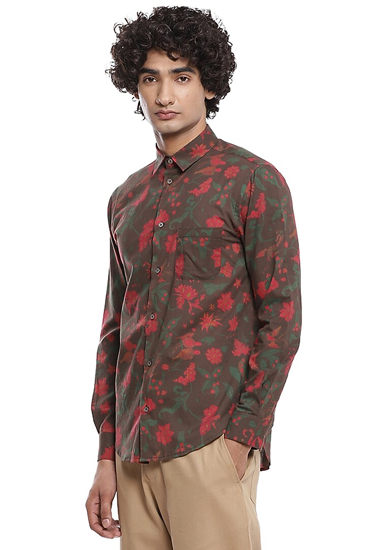 Brown Floral Printed Party Wear Shirt by Abraham & Thakore Men at Pernia's Pop Up Shop