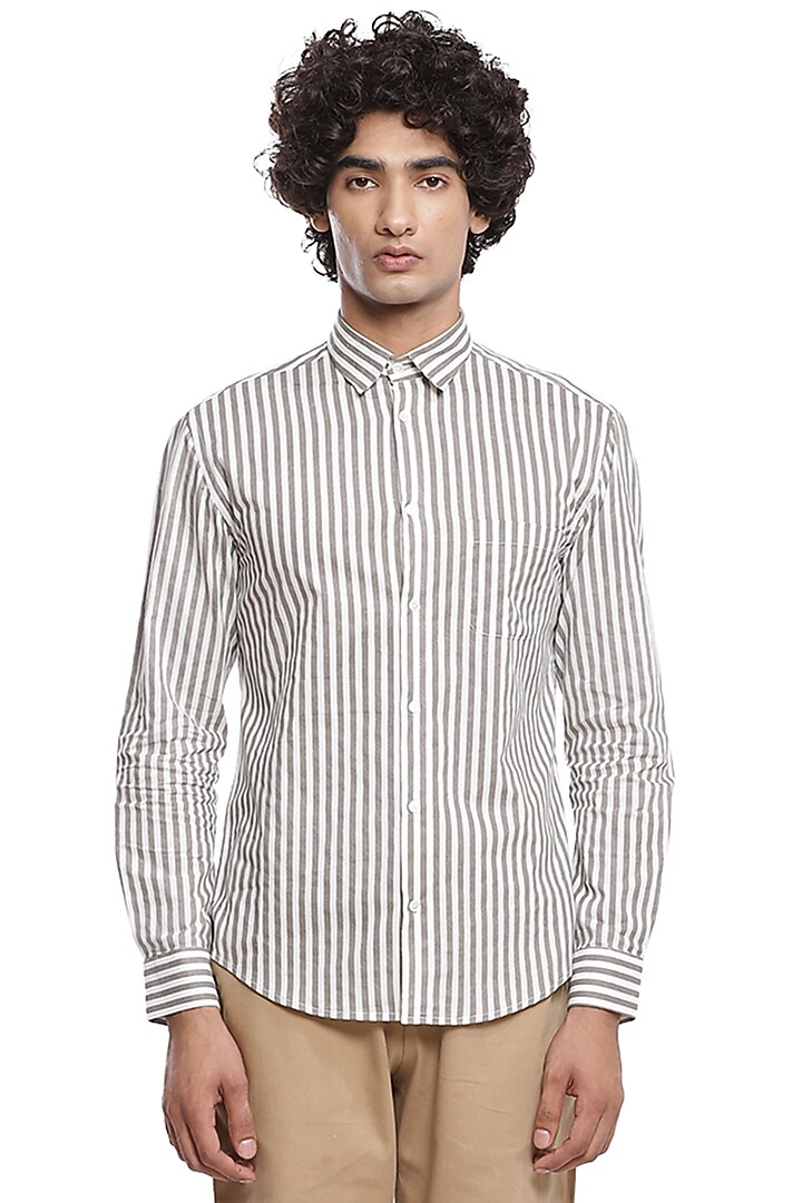 Ivory & Grey Hand Block Printed Summer Shirt by Abraham & Thakore Men at Pernia's Pop Up Shop