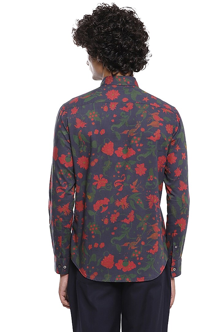 Navy Floral Printed Party Wear Shirt by Abraham & Thakore Men at Pernia's Pop Up Shop