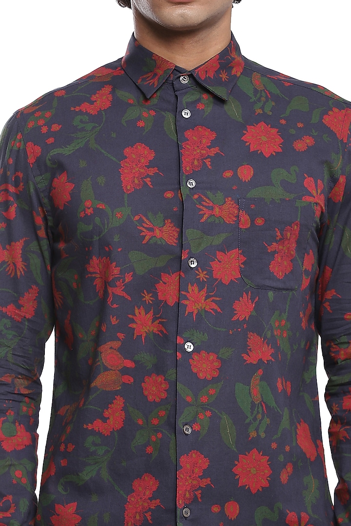 Navy Floral Printed Party Wear Shirt by Abraham & Thakore Men at Pernia's Pop Up Shop