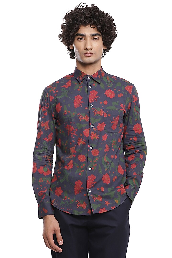 Navy Floral Printed Party Wear Shirt by Abraham & Thakore Men at Pernia's Pop Up Shop