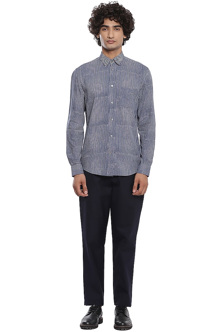 Indigo Striped Party Wear Shirt by Abraham & Thakore Men at Pernia's Pop Up Shop