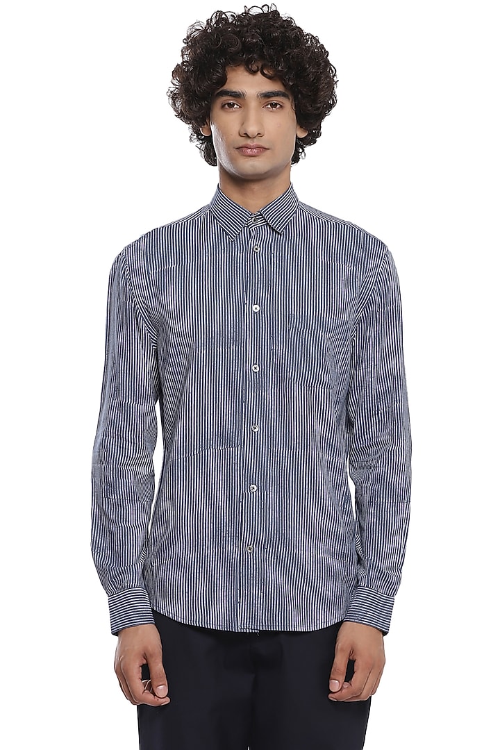 Indigo Striped Party Wear Shirt by Abraham & Thakore Men at Pernia's Pop Up Shop