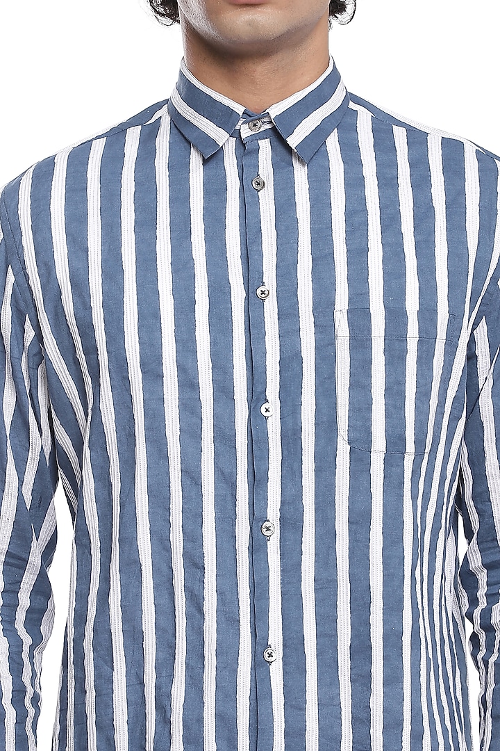 Ivory & Indigo Striped Party Wear Shirt by Abraham & Thakore Men at Pernia's Pop Up Shop
