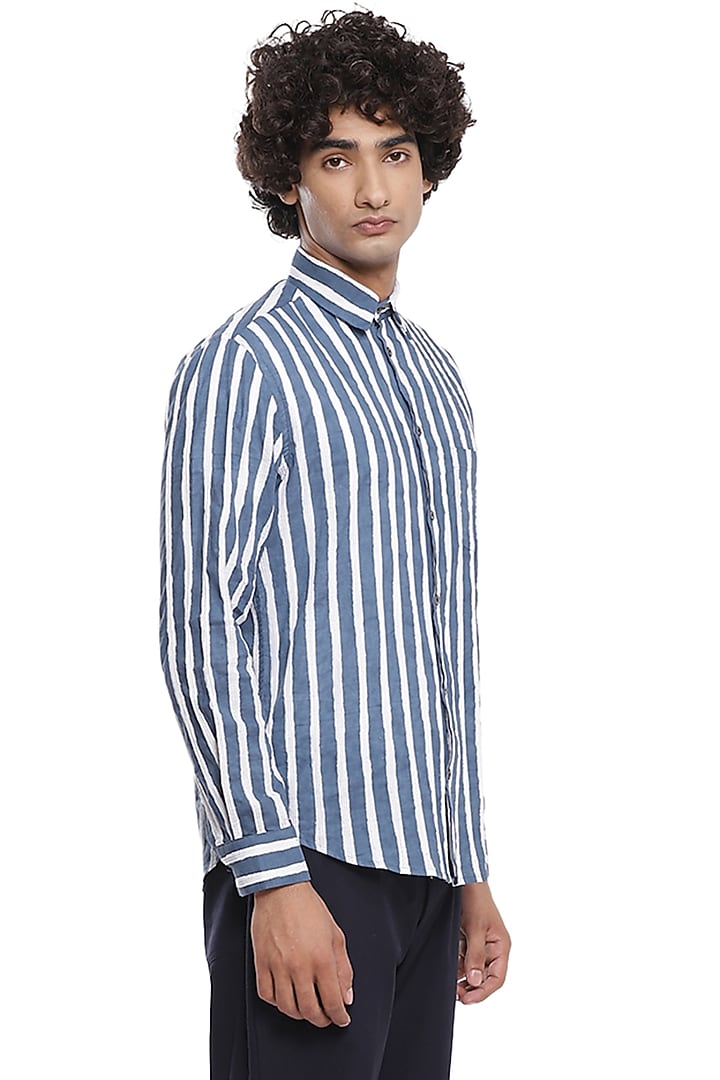 Ivory & Indigo Striped Party Wear Shirt by Abraham & Thakore Men at Pernia's Pop Up Shop