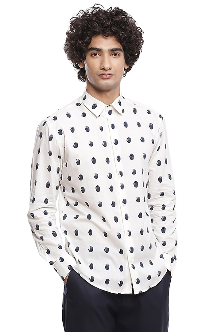 Ivory & Navy Printed Party Wear Shirt by Abraham & Thakore Men at Pernia's Pop Up Shop