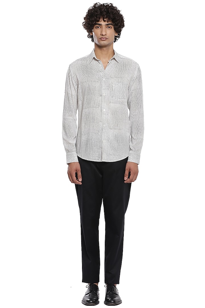 Ivory & Black Block Printed Party Wear Shirt by Abraham & Thakore Men at Pernia's Pop Up Shop