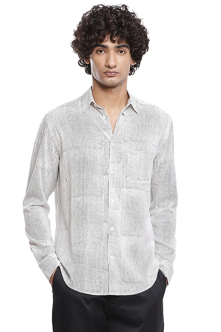 Ivory & Black Block Printed Party Wear Shirt by Abraham & Thakore Men at Pernia's Pop Up Shop