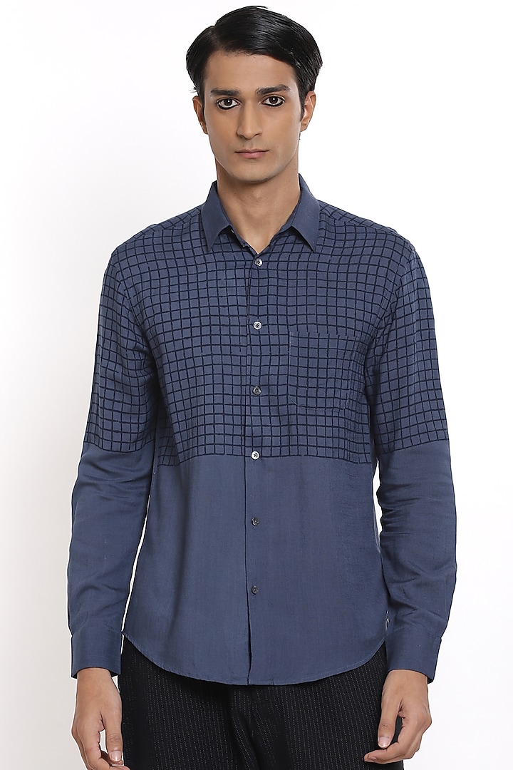 Indigo Hand Block Printed Party Wear Shirt by Abraham & Thakore Men at Pernia's Pop Up Shop