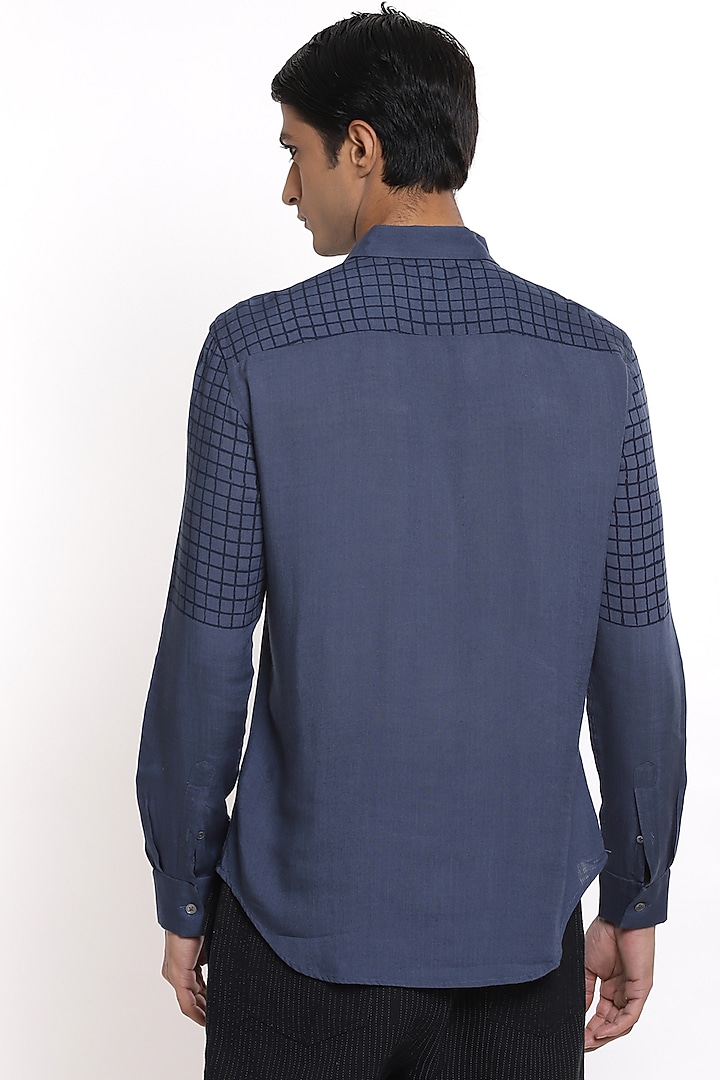 Indigo Hand Block Printed Party Wear Shirt by Abraham & Thakore Men at Pernia's Pop Up Shop