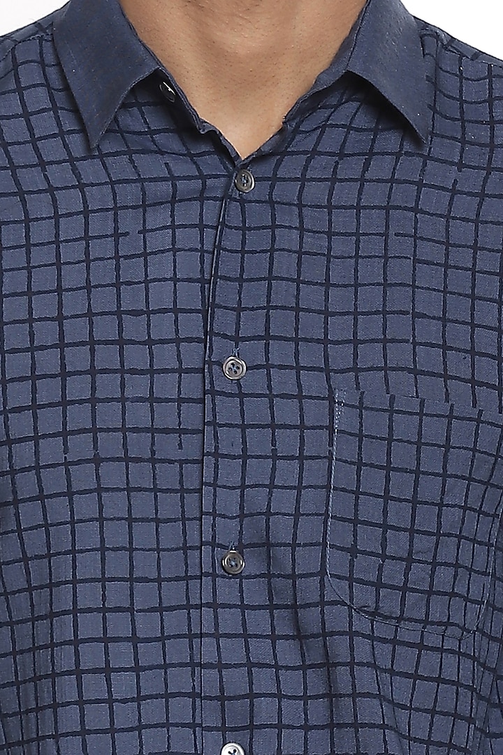 Indigo Hand Block Printed Party Wear Shirt by Abraham & Thakore Men at Pernia's Pop Up Shop
