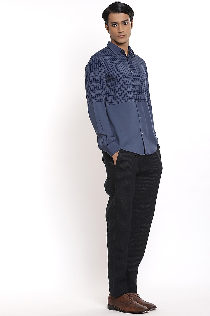 Indigo Hand Block Printed Party Wear Shirt by Abraham & Thakore Men at Pernia's Pop Up Shop