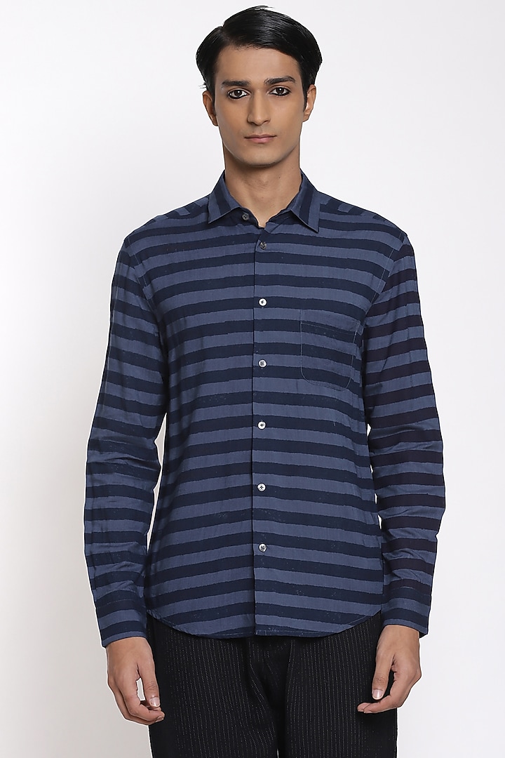 Indigo Striped Party Wear Shirt by Abraham & Thakore Men at Pernia's Pop Up Shop