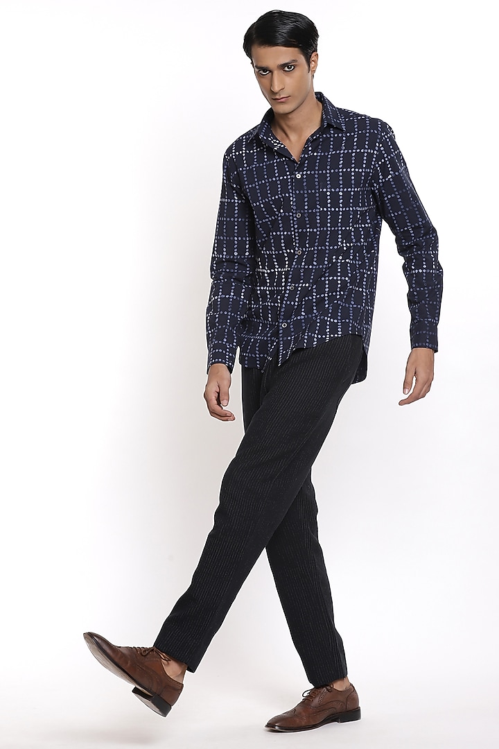 Indigo Cotton Printed Party Wear Shirt by Abraham & Thakore Men at Pernia's Pop Up Shop