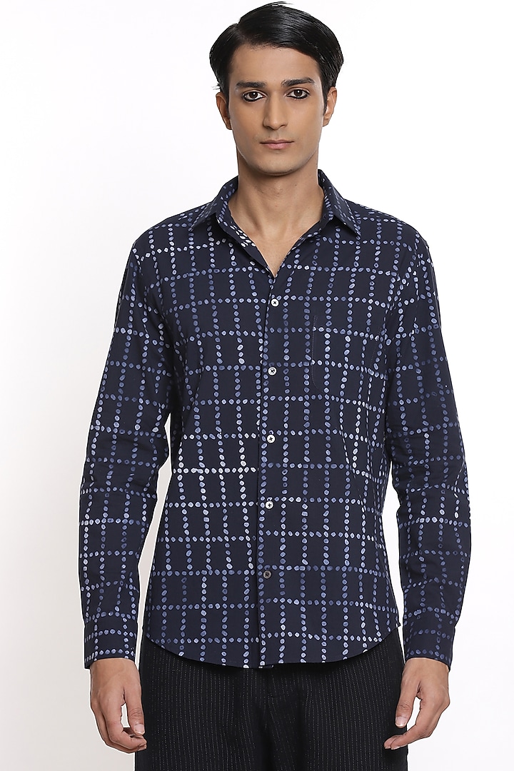 Indigo Cotton Printed Party Wear Shirt by Abraham & Thakore Men at Pernia's Pop Up Shop