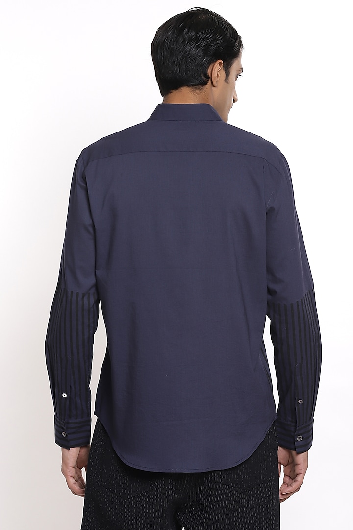 Indigo Party Wear Shirt With Hand Block Print by Abraham & Thakore Men at Pernia's Pop Up Shop