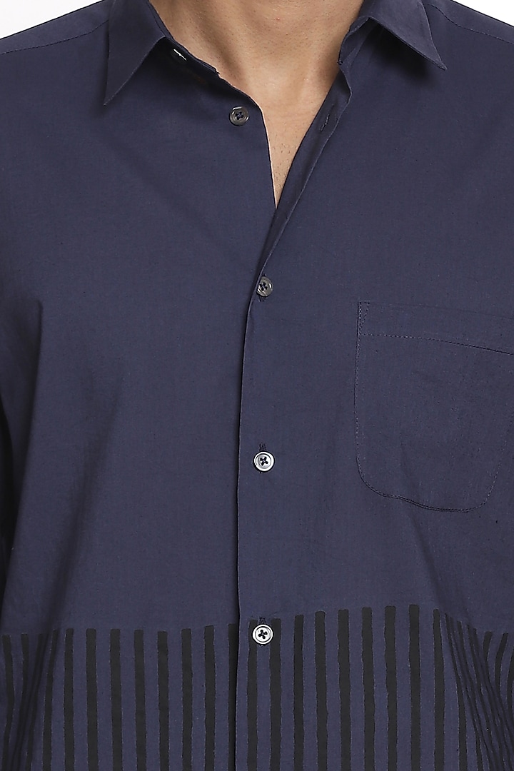 Indigo Party Wear Shirt With Hand Block Print by Abraham & Thakore Men at Pernia's Pop Up Shop