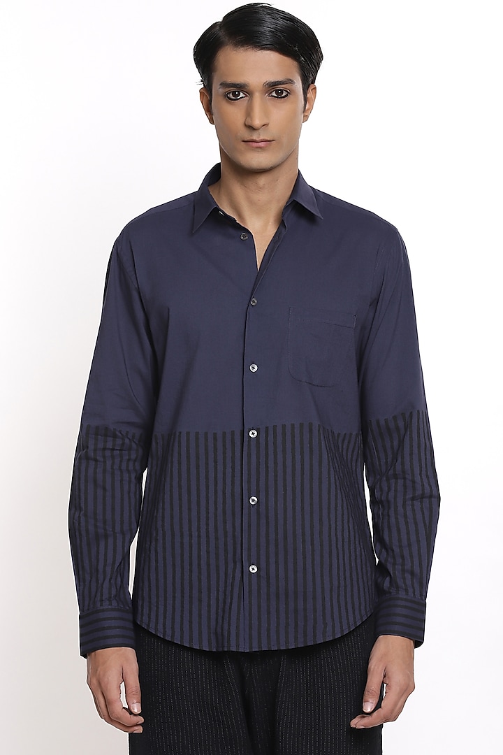 Indigo Party Wear Shirt With Hand Block Print by Abraham & Thakore Men at Pernia's Pop Up Shop