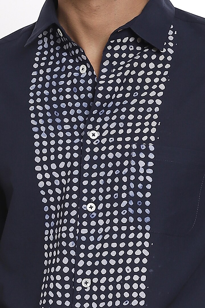 Indigo Printed Bib Front Party Wear Shirt by Abraham & Thakore Men at Pernia's Pop Up Shop