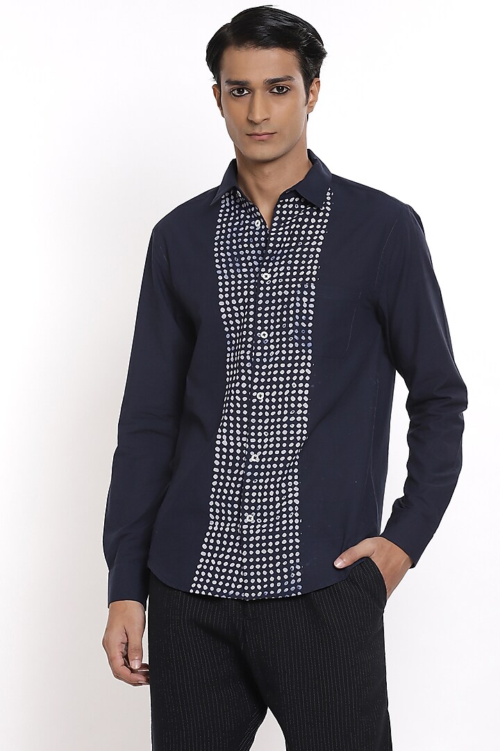 Indigo Printed Bib Front Party Wear Shirt by Abraham & Thakore Men at Pernia's Pop Up Shop