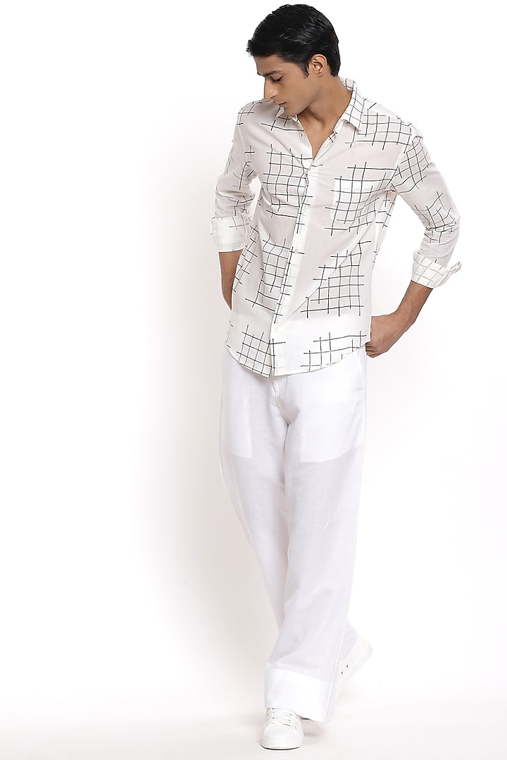 Black & White Hand Block Printed Party Wear Shirt by Abraham & Thakore Men at Pernia's Pop Up Shop