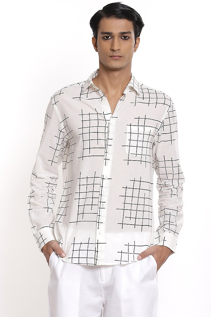 Black & White Hand Block Printed Party Wear Shirt by Abraham & Thakore Men at Pernia's Pop Up Shop