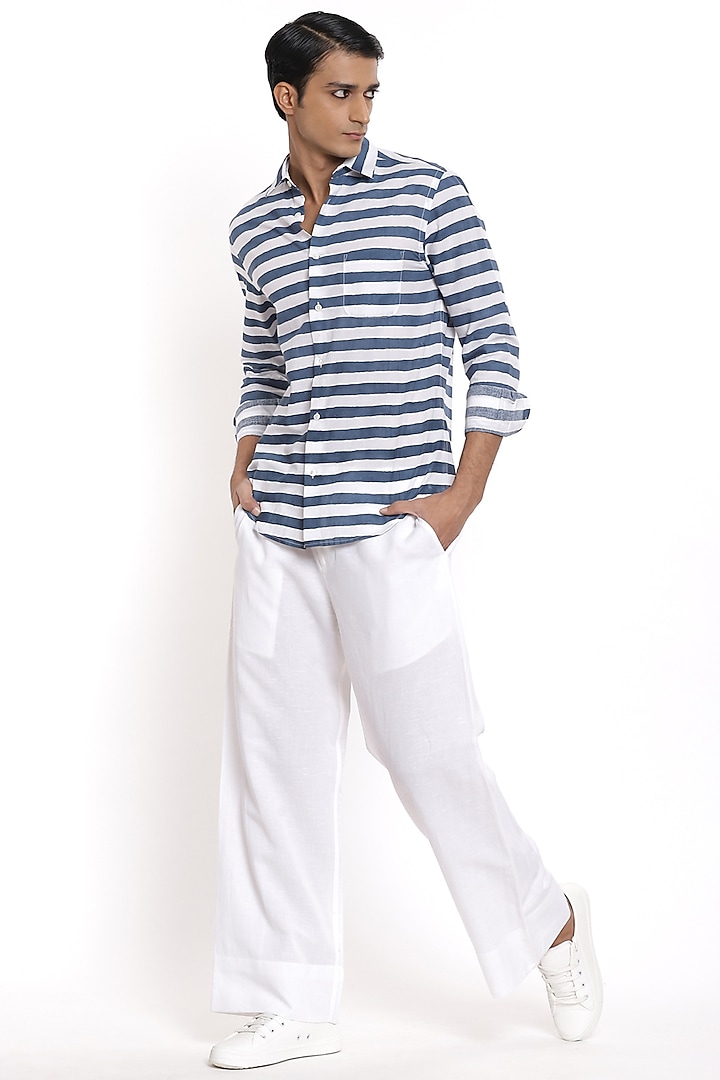 Ivory & Navy Blue Hand Block Printed Party Wear Shirt by Abraham & Thakore Men at Pernia's Pop Up Shop