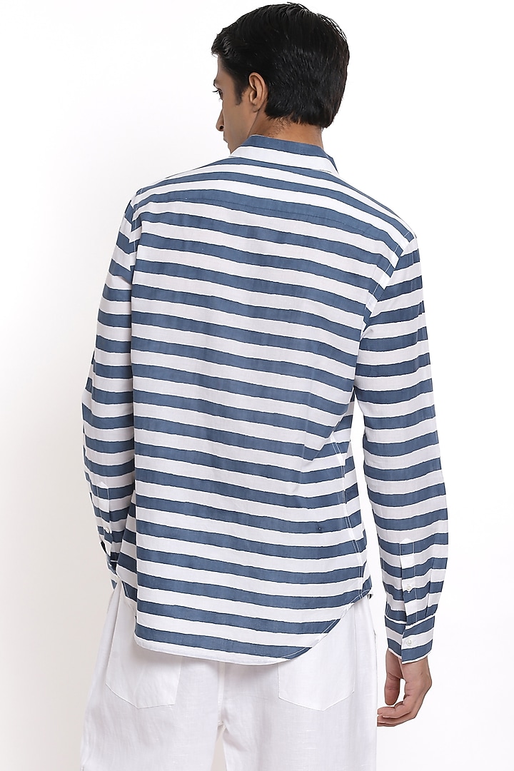 Ivory & Navy Blue Hand Block Printed Party Wear Shirt by Abraham & Thakore Men at Pernia's Pop Up Shop