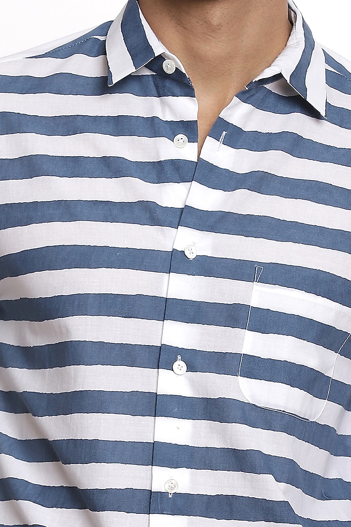 Ivory & Navy Blue Hand Block Printed Party Wear Shirt by Abraham & Thakore Men at Pernia's Pop Up Shop