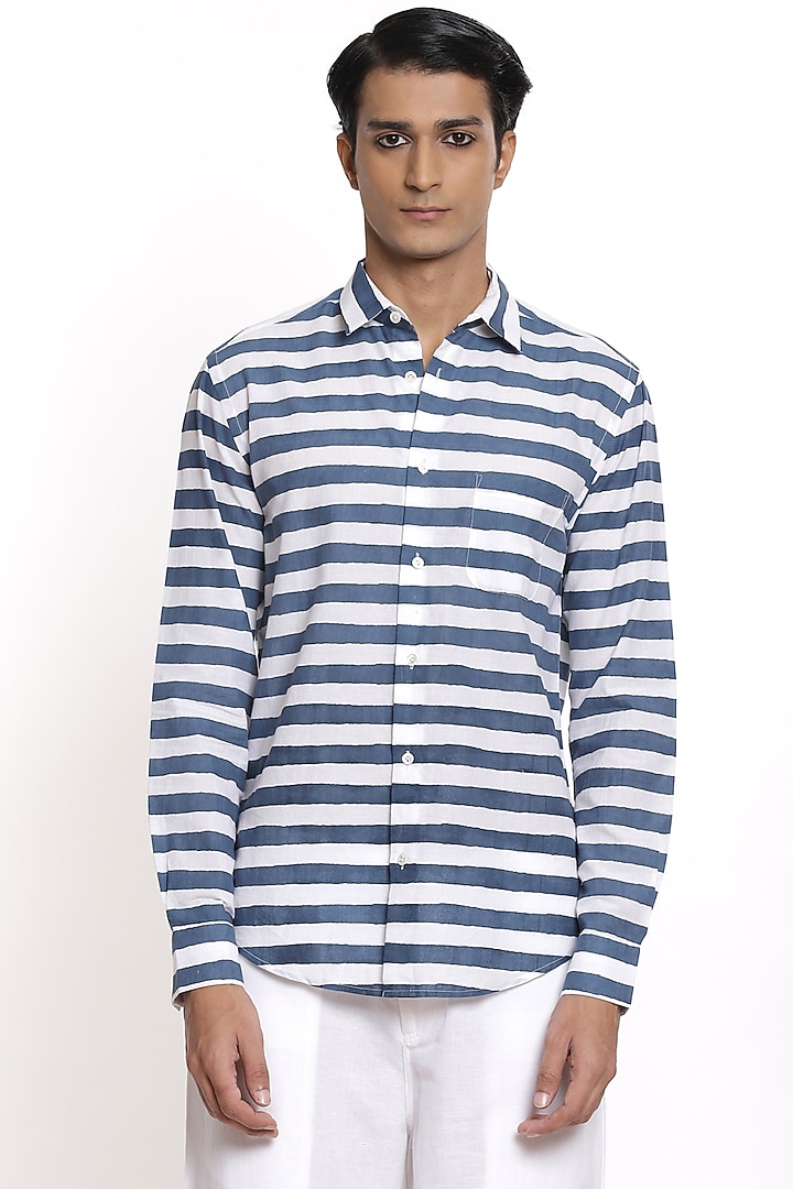 Ivory & Navy Blue Hand Block Printed Party Wear Shirt by Abraham & Thakore Men at Pernia's Pop Up Shop