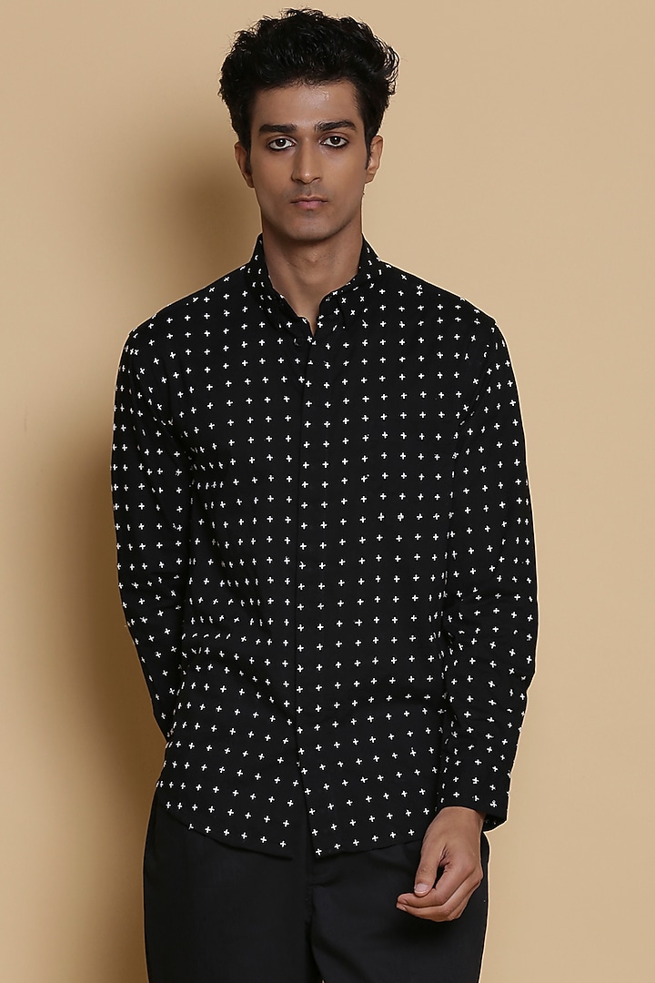 Black Star Embroidered Party Wear Shirt by Abraham & Thakore Men at Pernia's Pop Up Shop