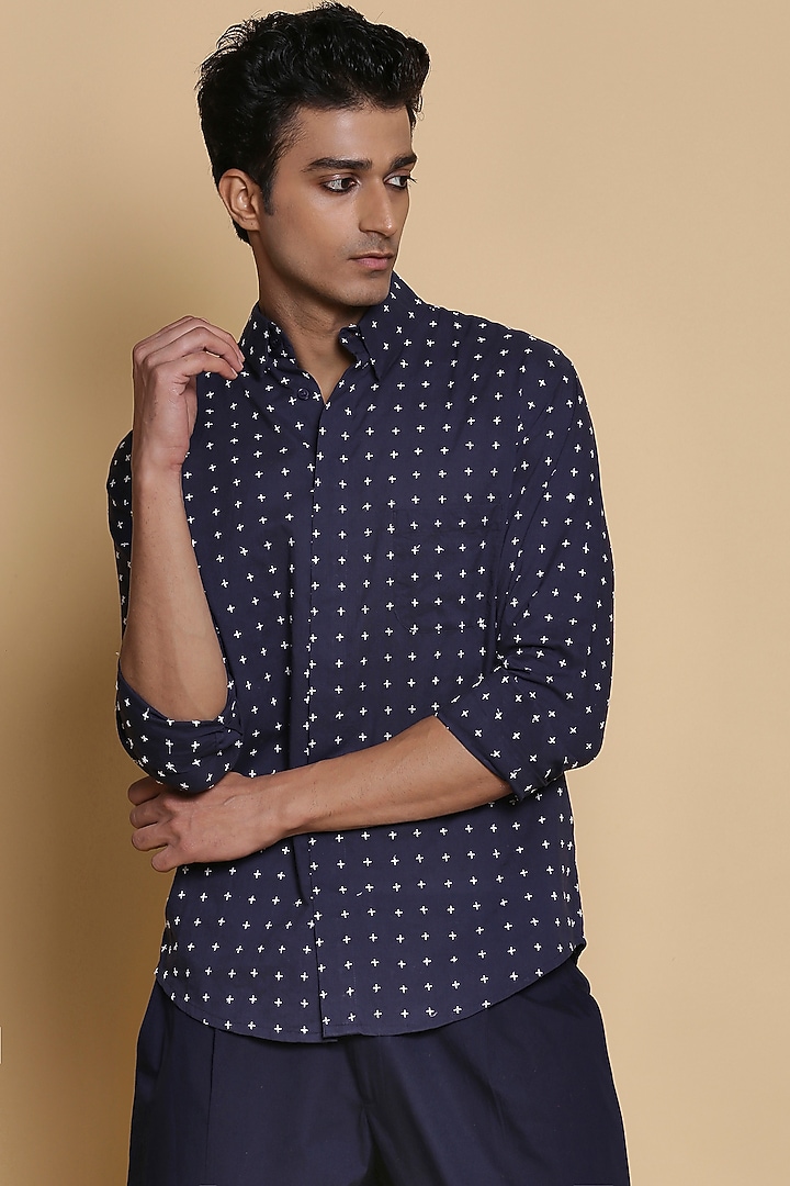 Indigo Star Embroidered Party Wear Shirt by Abraham & Thakore Men at Pernia's Pop Up Shop