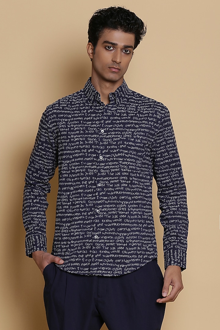 Indigo Embroidered Party Wear Shirt by Abraham & Thakore Men at Pernia's Pop Up Shop
