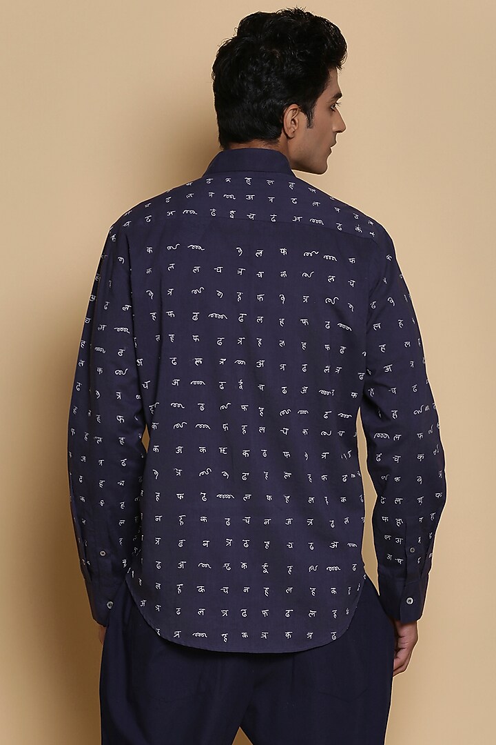 Indigo Embroidered Cotton Party Wear Shirt by Abraham & Thakore Men at Pernia's Pop Up Shop