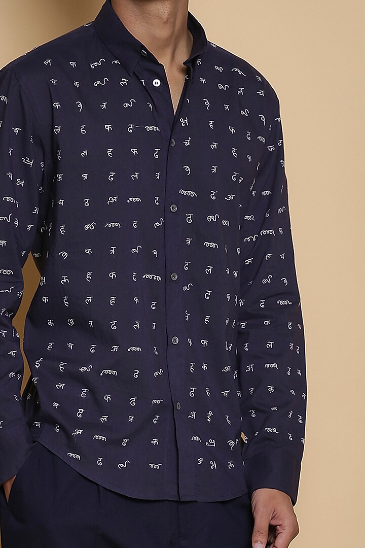 Indigo Embroidered Cotton Party Wear Shirt by Abraham & Thakore Men at Pernia's Pop Up Shop