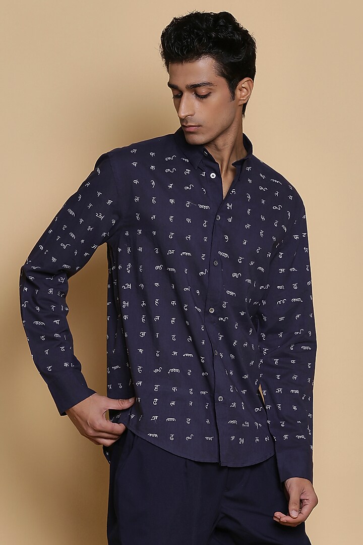 Indigo Embroidered Cotton Party Wear Shirt by Abraham & Thakore Men at Pernia's Pop Up Shop