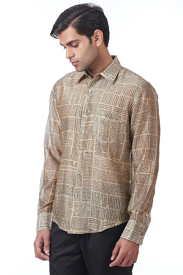 Ivory Newspaper Printed Party Wear Shirt by Abraham & Thakore Men at Pernia's Pop Up Shop