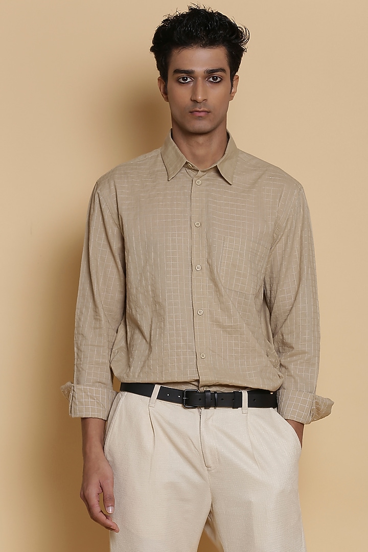 Beige Checkered Party Wear Shirt by Abraham & Thakore Men at Pernia's Pop Up Shop
