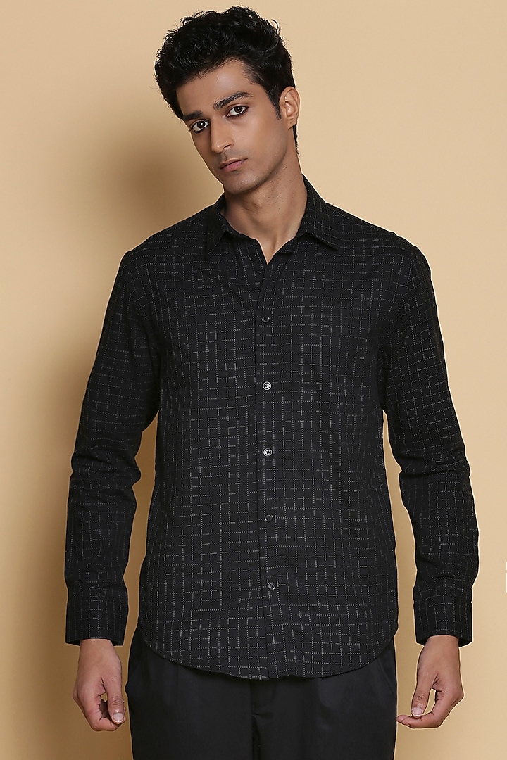 Black Checkered Party Wear Shirt by Abraham & Thakore Men at Pernia's Pop Up Shop