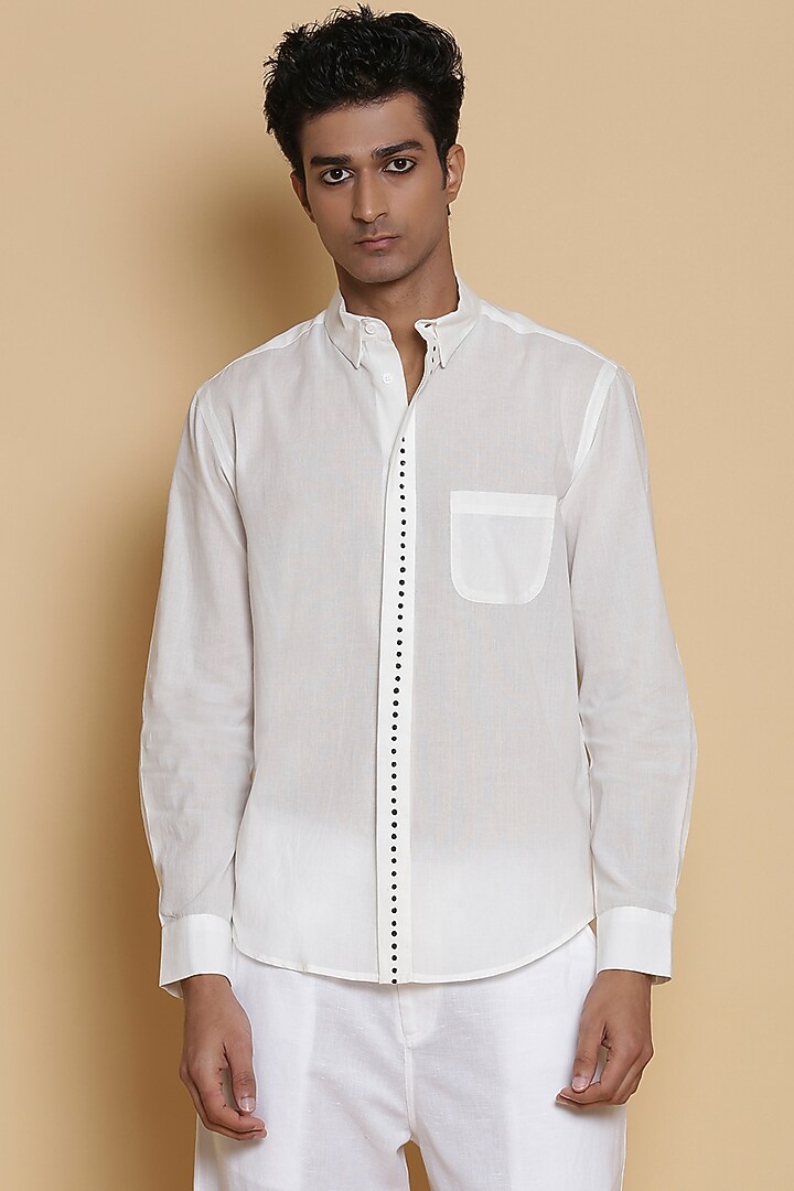 White Block Printed Summer Shirt by Abraham & Thakore Men at Pernia's Pop Up Shop