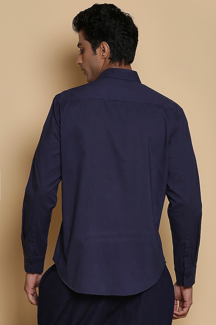 Indigo Block Printed Summer Shirt by Abraham & Thakore Men at Pernia's Pop Up Shop