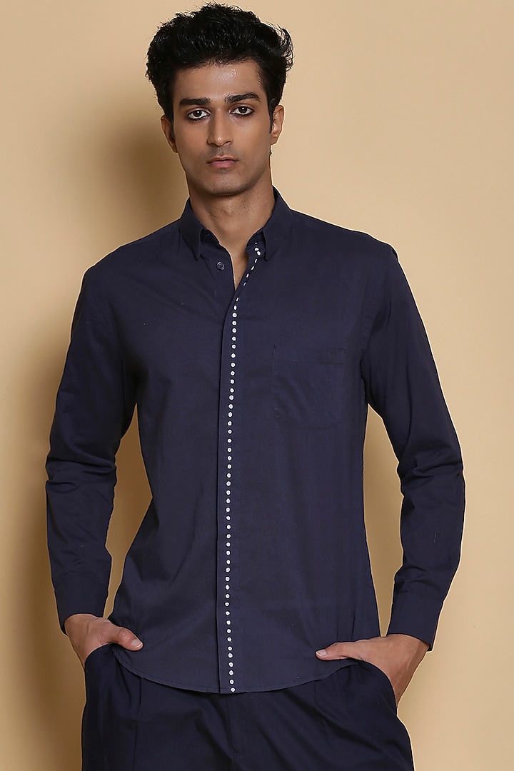 Indigo Block Printed Summer Shirt by Abraham & Thakore Men at Pernia's Pop Up Shop