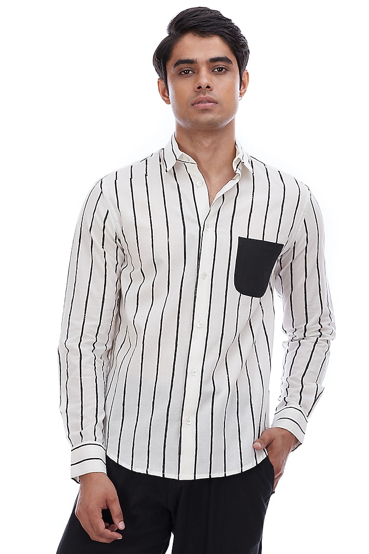 White Hand Block Printed Party Wear Shirt by Abraham & Thakore Men at Pernia's Pop Up Shop