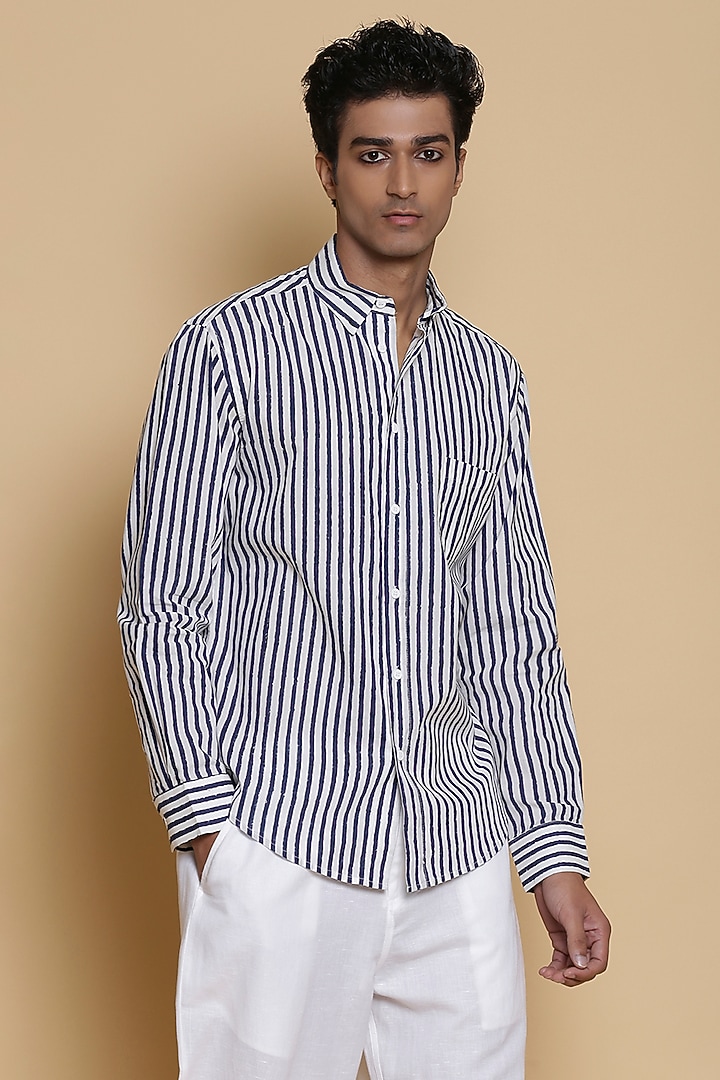 Ivory Block Printed Summer Shirt by Abraham & Thakore Men at Pernia's Pop Up Shop